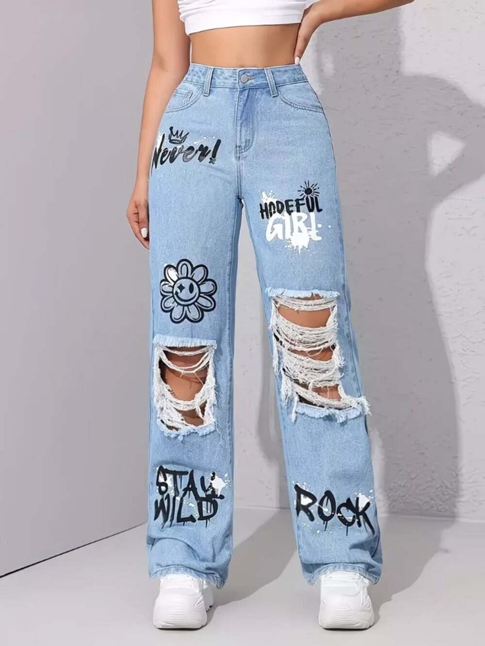 Graffiti Distressed Wide Leg Jeans - Picture 5 of 6
